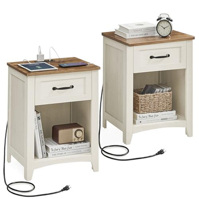VASAGLE LIRY Collection - Farmhouse Nightstands with Charging Station, Set of 2 Bedside Tables, Side Tables with Drawer, Open Compartment, for Bedroom, Rustic White and Honey Brown ULET859K41
