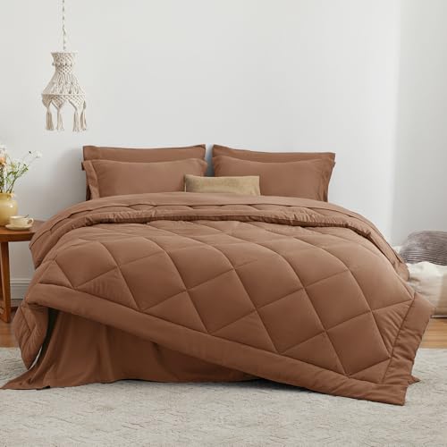 Love's cabin Full Comforter Set Mocha Mousse, 7 Pieces Full Bed in a Bag, All Season Bedding Sets with 1 Comforter, 1 Flat Sheet, 1 Fitted Sheet, 2 Pillowcase and 2 Pillow Sham Love's cabin