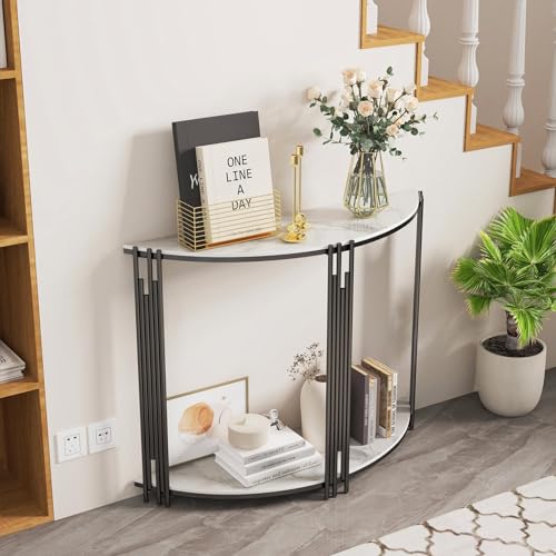 Modern Half Moon Console Table Hallway Side 2-Tier White Classic Semi-Circle Marble Metal Finish Storage WoodArtSupply