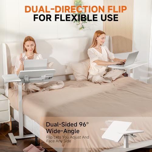 COMHOMA Tiltable Mobile Small Standing Desk, Pneumatic Adjustable Height Overbed Bedside Table with Wheels, Sit Stand Portable Rolling Laptop Desk Computer Workstations, White COMHOMA