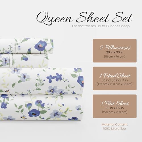 Linen Market 4 Piece Queen Sheet Set - Breathable, Double-Brushed Patterned Cooling Sheets – Oeko-TEX Certified Ultra Soft & Wrinkle-Free 16" Deep-Pocket Queen Sheets - Easy Care Blossoms Light Blue Linen Market