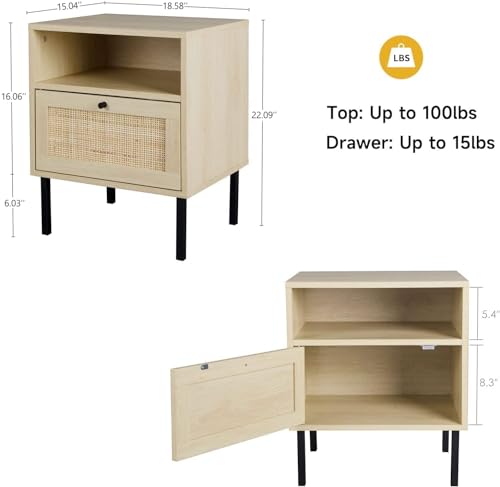 Boho Rattan Nightstands Set of 2 with Metal Legs and Open Shelf, Natural Wood Finish Angel Sar