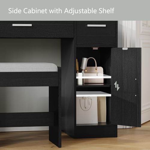 usikey Makeup Vanity with Lights, Vanity Desk, Makeup Vanity Table with 3 Drawers, 2 Cabinets & Long Storage Shelf, 10 Led Lights, Dressing Vanity Table with Stool, for Women, Girls, Bedroom, Black usikey