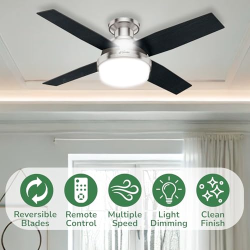 Hunter Fan Dempsey Low Profile Ceiling Fans with Lights and Remote, Flush Mount Ceiling Fan with Lights, Metal, Brushed Nickel Finish, 44 Inch LED Hunter