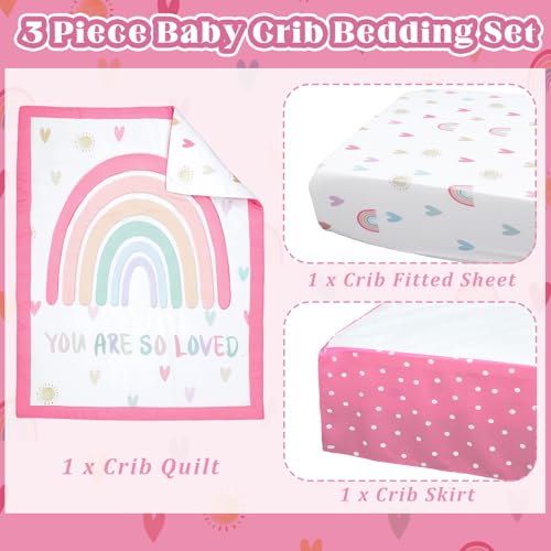 Hahafelt 3 Piece Rainbow Boho Crib Bedding Set for Girls Inspirational Quote Pink Baby Crib Bedding Set Standard Size Nursery Bedding Includes Fitted Crib Sheet,Comforter, Crib Skirt Hahafelt