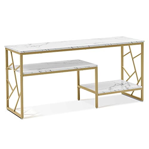 ivinta Narrow Console Table, White Entryway Table with Storage Shelf, Faux Marble Top Sofa Table with Gold Metal Frame, Modern Hallway Couch Table for Small Spaces, 6026 ivinta