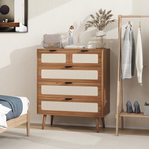mixtavie Rattan Dresser with 5 Drawers, 5 Drawers Dresser for Bedroom, Dressers & 5 Chests of Drawers with Metal Handles, Modern Storage Organizer Dresser for Hallway (Walnut, Set of 1) mixtavie