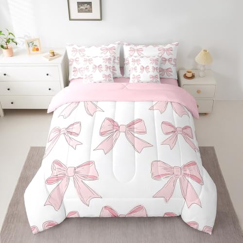 Feelyou Bowknot Comforter Set with Sheets Cute Pink Bow 7 Piece Bedding Set Queen Size for Kids Boys Girls Romantic Princess Style Bed in a Bag Soft Light Pink White Bedding Comforters Feelyou