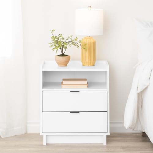 Prepac Simply Modern Nightstand Bedside Table, White Nightstand for Bedroom, End Table with 2 Drawers and Open Shelf 23.75" W x 26.75" H x 16" D Prepac