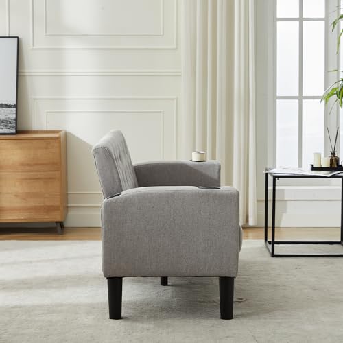 TYBOATLE 62" W Loveseat Sofa w/ 2 USB Charger Ports and 2 Cupholders, Mid-Century Modern Tufted Linen Fabric Small Love Seat Couches for Compact Living Room, Bedroom, Apartment, Dorm (Light Grey) TYBOATLE
