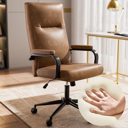 GXJ Brown Leather Office Chair with Wheels, Memory Foam Height Adjustable Computer Deak Chair, Rolling Swivel Executive Chair for Home Office GXJ