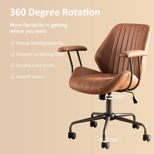 Mid Back Home Office Chair, Mid Century Modern Executive Chair, Comfy Ergonomic Rolling Office Desk Chair with Lumbar Support, Brown Faux Leather Office Chair, Brown weaxty W