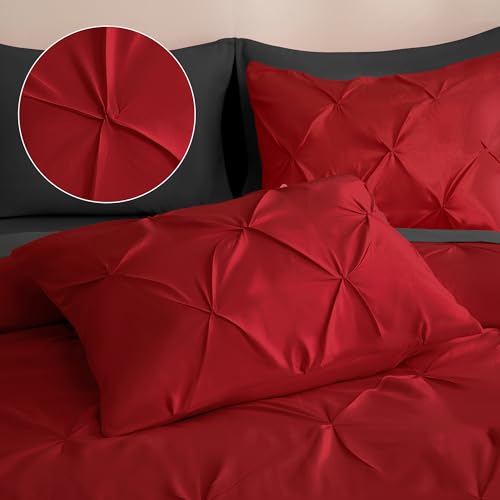 DOWNCOOL 7 Pieces Red and Black King Size Comforter Set, Pintuck Pinch Pleat Bed in a Bag, Soft Microfiber All Season Bedding Set for Bedroom with Sheets, Pillowcases & Shams DOWNCOOL