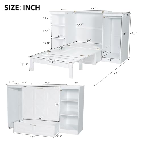Ball & Cast Murphy Bed Twin Size Wall Chest with Bedside Shelves and Wardrobe,Wood Hideaway Cabinet Platform Bedframe w/Drawer & Bookcase,can be Folded,Space-Saving,for Small Room,Dorms,White Ball & Cast