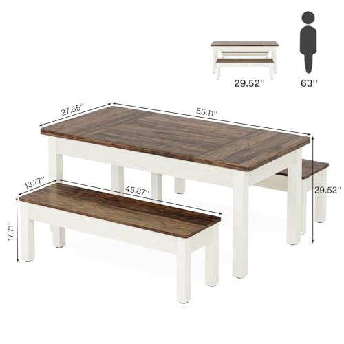 Tribesigns Farmhouse Dining Table Set for 4-6, 55-Inch Wooden Kithcen Table with 2 Benches, Space Saving 3 Pieces Heavy Duty Dinette for Dining Room, Kitchen, Small Space Tribesigns