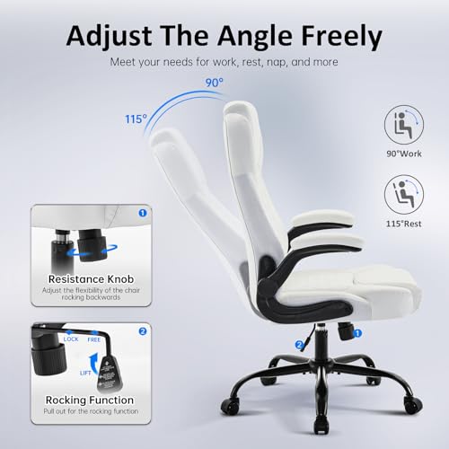 amseatec Office Chair, Executive PU Leather Chair Home Office Desk Chairs, Ergonomic Computer Desk Chair with Adjustable Flip-Up Arms, Lumbar Support Swivel Task Chair with Rocking Function (White) amseatec
