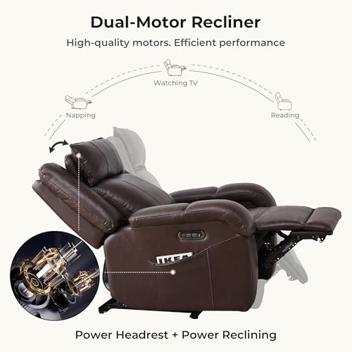 SITJOY Pet Friendly Leather Power Recliner Chair, Zero Wall Hugger RV Recliners with Power Headrest, Charging Ports, Side Pockets, Down-Filled, Scratch Resistant Waterproof Faux Leather in Dark Brown