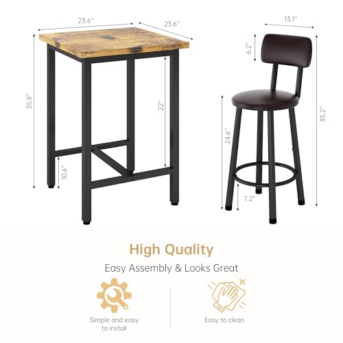 Recaceik 3 Piece Pub Dining Set, Modern bar Table and Stools for 2 Kitchen Counter Height Wood Top Bistro Easy Assemble for Breakfast Nook Living Room Small Space Restaurant, Rustic Brown 24” Recaceik