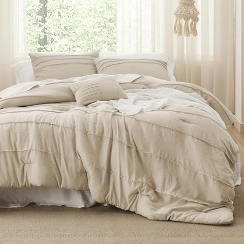 Bedsure Full Comforter Set - 4 Pieces Pinch Pleat Bed Set, Linen Boho Bedding for All Season, 1 Soft Comforter, 2 Pillowcases, 1 Decorative Pillow Bedsure