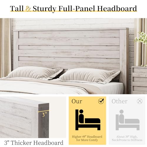 LUXOAK Distressed White Farmhouse Queen Bed Frame with 49" Tall Headboard and Hidden Metal Support LUXOAK