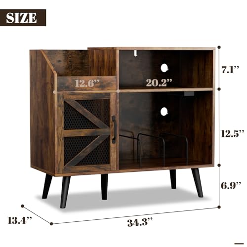 Loomie Large Rustic Record Player Stand with Power Outlet & LED Light, 350 Vinyl Record Storage Cabinet with Magnetic Door, Turntable Table with Wood Legs for Living Room (Rustic) Loomie