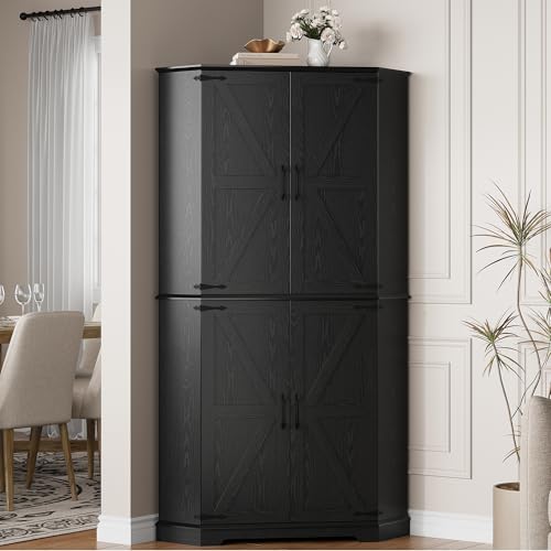 IRONCK Corner Cabinet, 72" Kitchen Pantry Cabinet, 6-Tier Freestanding Farmhouse Pantry with 2 Adjustable Shelves, 240°Swivel Doors, 2 Doors Storage, Spacious Hutch for Kitchen, Living Room, Black IRONCK