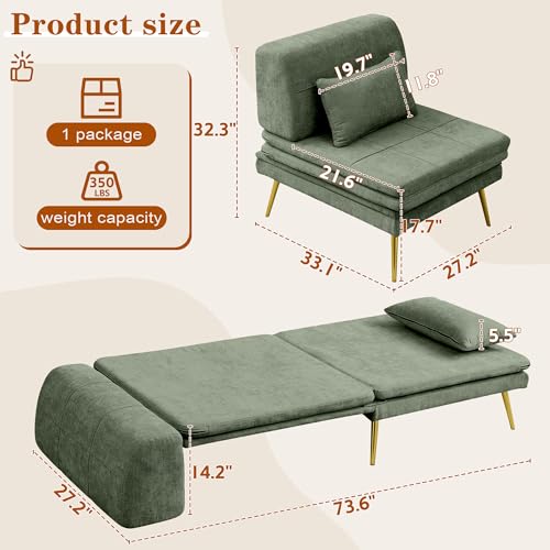 wanan Convertible Sofa Bed, 3-in-1 Futon Sleeper Chair with Back Support & Pillow, Chenille Fabric Single Daybed with Solid Wood Frame & Sturdy Metal Legs, for Living Room Bedroom, Vintage Green wanan