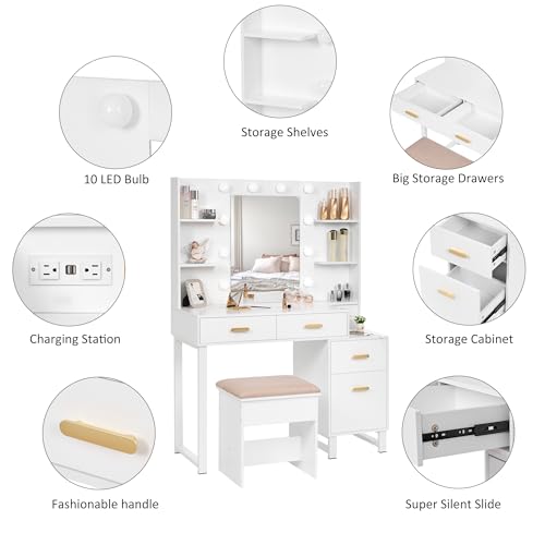 ANWBROAD Makeup Vanity Desk Vanity Set with 10 LED Bulbs Lighted Mirror Makeup Vanity Table Set with Charging Station Nightstand 3 Colors Modes Dimming Cushioned Stool Large Mirror White UBDT53W ANWBROAD