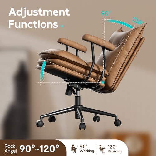 Sucrever Brown Office Chair with Triple-Layers Thicken Wide Seat, Mid Back Leather Desk Chair with Wheels and Arms, Mid-Century Modern Computer Chair for Home Office Sucrever