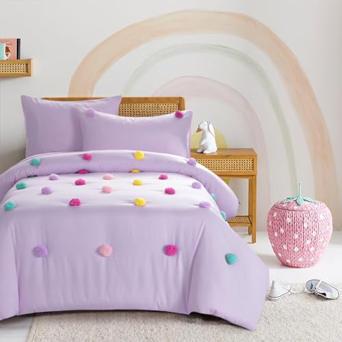HOMBYS Pom Poms Bedding Comforter Set for Girls, 5 Piece Purple Boho Kids Comforter Set for All Season,Twin/Twin XL Size HOMBYS