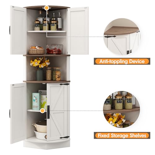 Vabches 64.8" Tall Farmhouse Corner Cabinet with 4 Doors and 5 Storage Shelves, Farmhouse Storage Cabinet with Barn Door Design, Home Space Saver for Living Room, Kitchen, Laundry Room,White Vabches