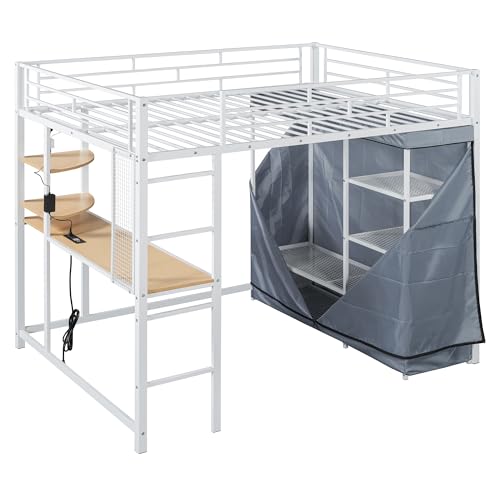 Harper & Bright Designs Loft Bed Full Size with Desk, LED Lights,Charging Station, Full Metal Loft Bed Frame with Wardrobe & Storage Shelve, 12.4" H Safety Guardrail, No Box Spring Needed,White Harper & Bright Designs