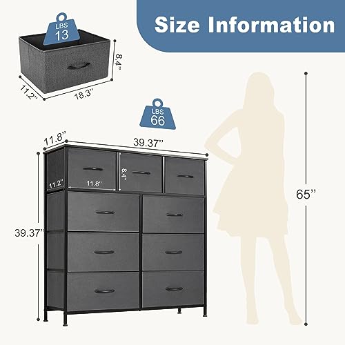 DUMOS Dresser for Bedroom, Dressers & Chests of Drawers Dresser Organizer, Wood Top Table Furniture with 9 Fabric Storage Tower Unit, Chest of Drawers for Closet, Living Room, Hallway, Porch DUMOS