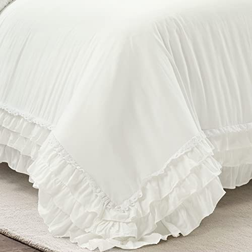 Lush Decor Ella Ruffle Lace 100% Cotton Duvet Cover, 3 Piece Set, Full/Queen, White - Cute Comforter - Queen Bedding Set - White Bedding Full Size - Coquette Decor - Neutral Lace Trim - Ruffle Trim Lush Decor