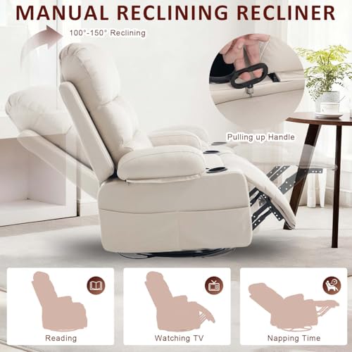 KCQ Rocker Recliner Chair with Heat and Massage, Oversized Manual Recliner Chair with Cup Holder, Faux Leather Swivel Rocking Recliner Glider Chair for Nursery, Beige KCQ