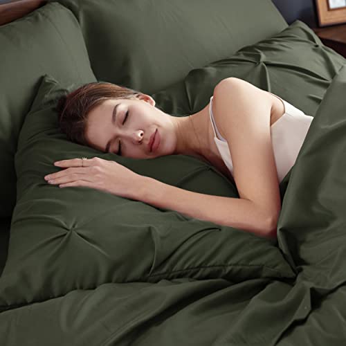 Bedsure Queen Comforter Set Olive Green - Bed in a Bag Queen Size Bedding 7 Pieces, GentleSoft™ Pintuck Bed Set Gift for Family, Pinch Pleat All Season Comforter with Sheets, Pillowcases & Shams Bedsure