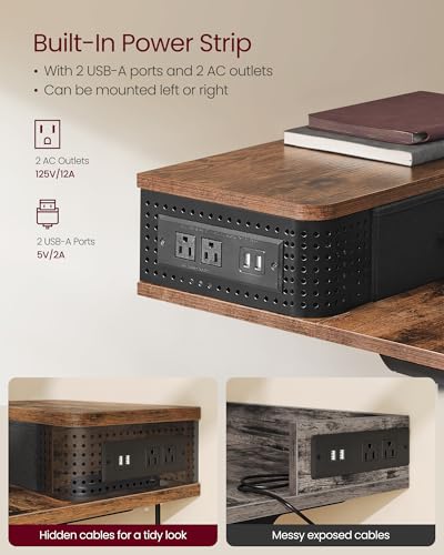 VASAGLE Electric Standing Desk with Drawers, 47.2 x 23.6 Inches, Sit Stand Desk with Power Outlet and LED Lights, Adjustable Height, Storage Shelf, 3 Memory Buttons, for Home Office, Rustic Brown VASAGLE