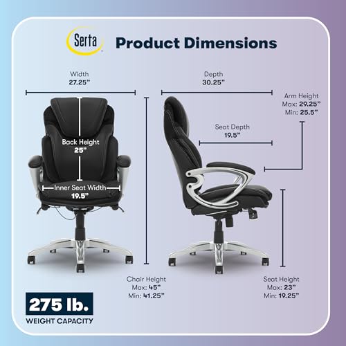 Serta Bryce Executive Office Chair, Ergonomic Computer DeskChairs with Patented AIR Lumbar Support, Comfy Body Pillows, Height Adjustable, Swivel Base with Wheels, Bonded Leather, Black Serta