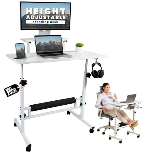 Zaqei Model 2026 Adjustable Height Rolling Desk with Wheels Portable Compact Laptop Table Mobile Workstation for Study Office Small Space Standing Desk Ergonomic Writing Surface Modern Home Furniture Zaqei