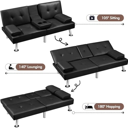 Yaheetech Convertible Sofa Bed Adjustable Couch Sleeper Modern Faux Leather Recliner Reversible Loveseat Folding Daybed Guest Bed, Removable Armrests, Cup Holders, 3 Angles, 772lb Capacity, Black Yaheetech