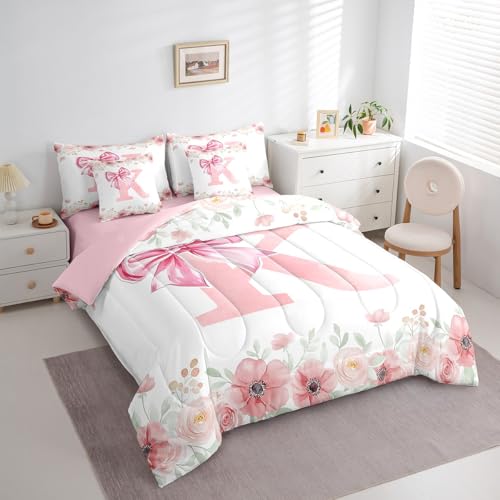 Erosebridal Initial Letter K Bed in A Bag Pink Monogrammed Bowknot Bedding Sets Twin for Girls Kids Young Woman, Floral Dreamy Princess Style Comforter Set with Sheets with 2 Pillowcases Erosebridal