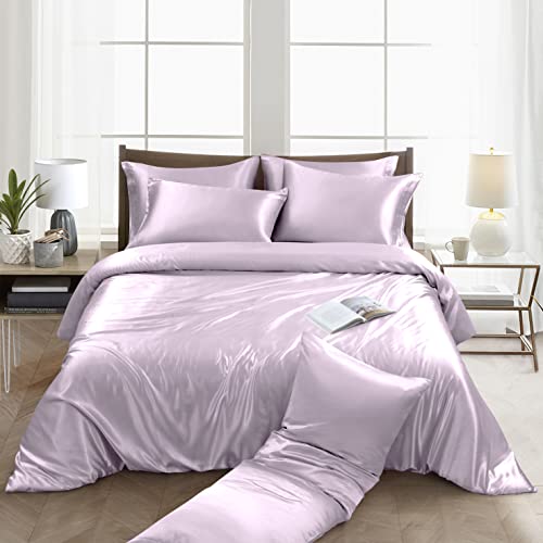 Ersmak 6 Pieces Satin Duvet Cover Full/Queen Size Luxury Silky Bedding Duvet Cover Set with 1 Soft Duvet Cover, 4 Queen Pillowcases and 1 Body Pillowcase, Lavender Ersmak