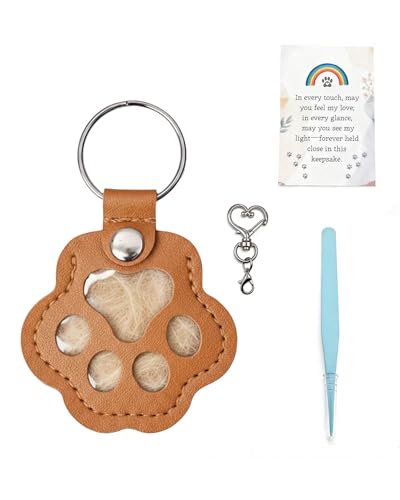 Aurichi Cat & Dog Hair Keychain, Leather Dog Paw Hair Holder Fur Collection Key Chain Keepsake with Heart Clip Tweezers & Rainbow Sympathy Card, Pet Loss Memorial Gift for Pet Owners, Pet Remembrance