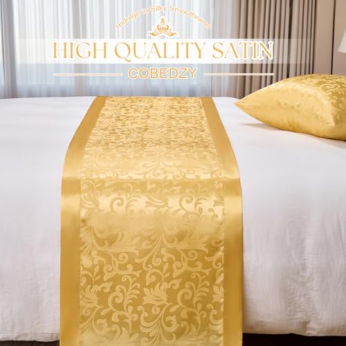 Cobedzy Gold Satin Bed Runner for King Size Beds(1.8m), 50 x 240cm(20" x 94") Jacquard Bed Scarf Satin Bedding Scarves for Hotel, Home, Guesthouse Cobedzy