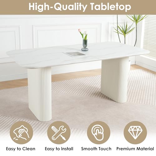 RGZ Modern Oval Dining Table Set for 6, 71" White Faux Marble Kitchen Table with Ripple Legs & 6 Beige Gold Comfy Upholstered Chenille Chairs, Dinner Table Set for Office, Home, Dining Room RGZ
