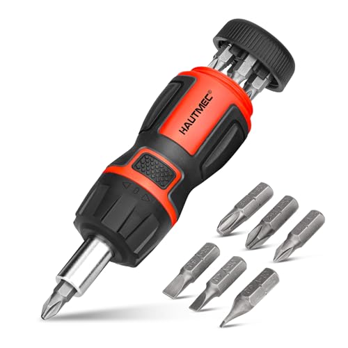HAUTMEC 6-in-1 Stubby Ratcheting Screwdriver Set, Multi Screwdriver Tool All in One, Ratchet Screwdriver Set with Multi Bit Screw Driver, Chrome Vanadium Steel Shaft, 3PCS Phillips and 3PCS Slotted HAUTMEC