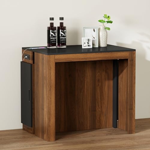 Banzeem Extendable Dining Table with Storage, Transformer Extra Console Table for 1-12 People, Folding Space Saving Dining Room Table with Built-in Outlet for Homes, Apartments, Walnut Black Banzeem