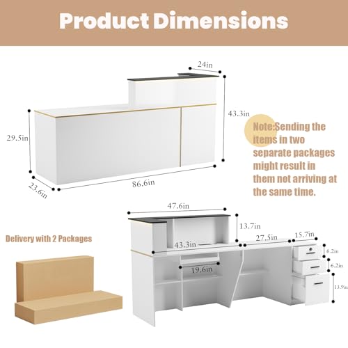 Modern Reception Desk with Counter,L-Shaped Reception Desk,86.6" Front Counter Table with Adjustable File Cabinet & Keyboard Tray,Suitable for Offices,Lobby,Hotel(R-high) Laxodor