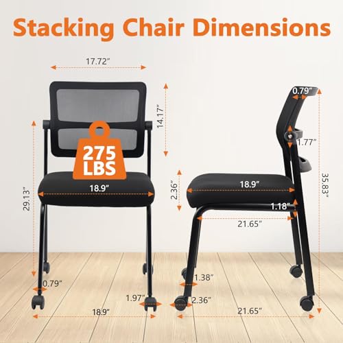 CLATINA 8PK Mesh Stacking Office Desk Chairs with Wheels, Portable Stackable Bulk Waiting Room Armless Chair with Adjustable Back & Fabric Seat for Guest Lobby Side School Church Conference Break CLATINA