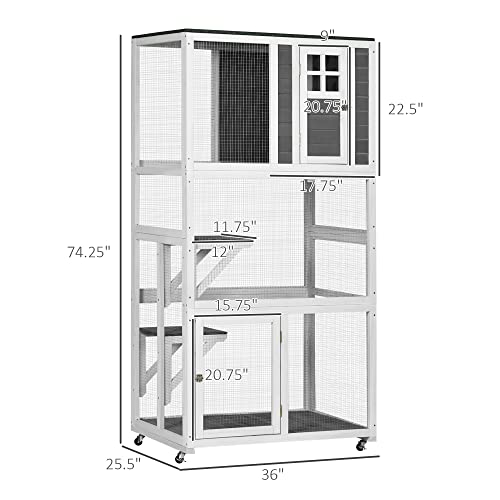 PawHut 74" Wooden Catio Outdoor Cat House Weatherproof & Wheeled, Outside Cat Enclosure with High Weight Capacity, Kitten Cage Condo, Gray PawHut